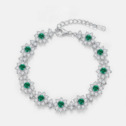 Lab-Grown Emerald Sunflower Bracelet - S925 Sterling Silver Floral Jewelry