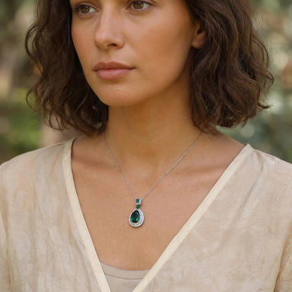 Royal Teardrop Lab-Grown Emerald Pendant Necklace - S925 Sterling Silver