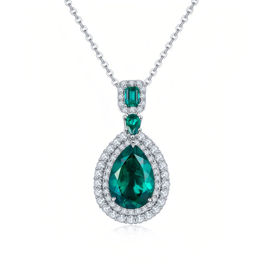 3.58CT Pear Cut Lab-Grown Emerald Necklace in S925 Sterling Silver - Vintage Halo Pendant for Women