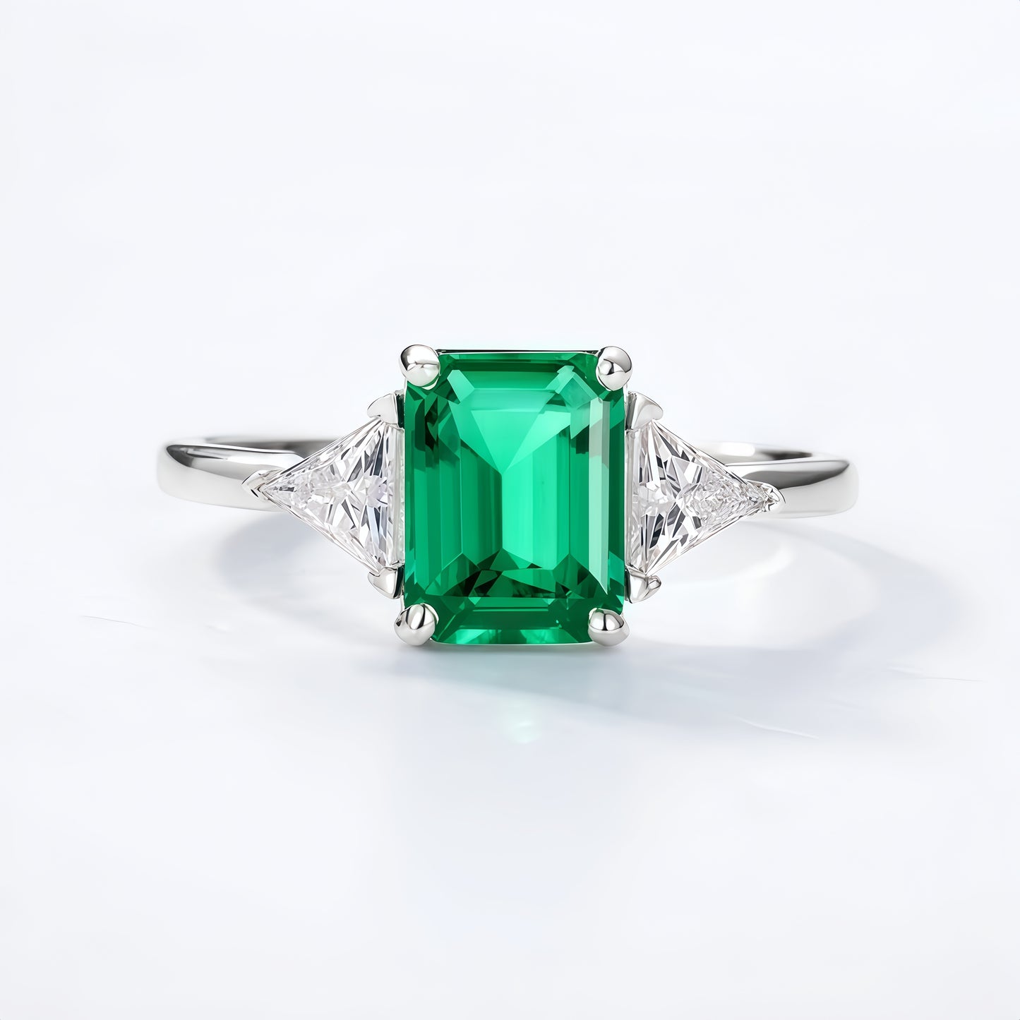 Emerald Cut Lab-Grown Emerald Ring with Trillion Accents - S925 Sterling Silver