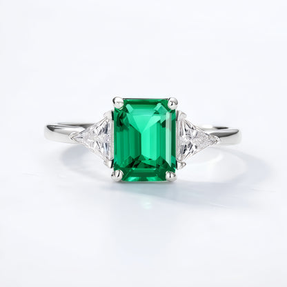 Emerald Cut Lab-Grown Emerald Ring with Trillion Accents - S925 Sterling Silver