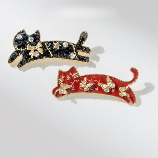 Enamel Red Cat Brooch with Butterfly | Cute Animal Lapel Pin Jewelry