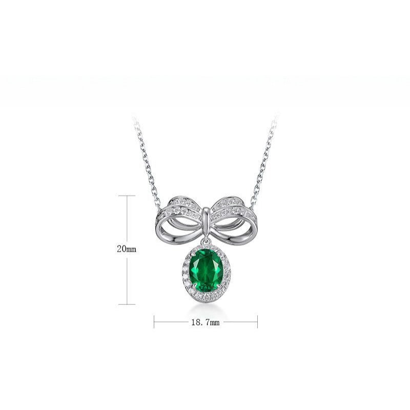 S925 Sterling Silver Lab-grown Emerald Necklace - Vintage Bow Clavicle Chain