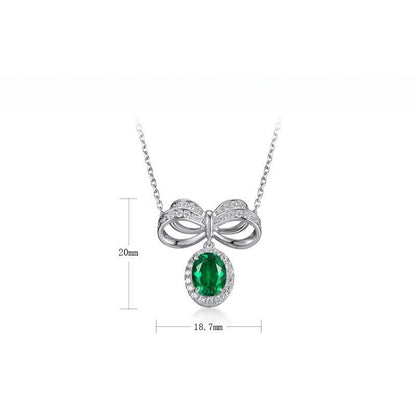 S925 Sterling Silver Lab-grown Emerald Necklace - Vintage Bow Clavicle Chain