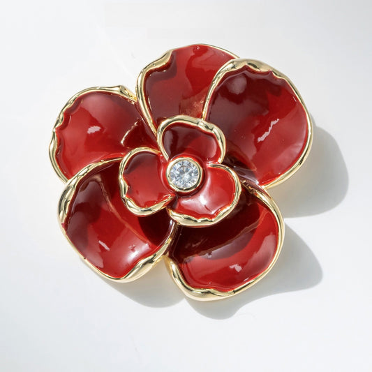 Stylish Red Peony Brooch with Diamonds