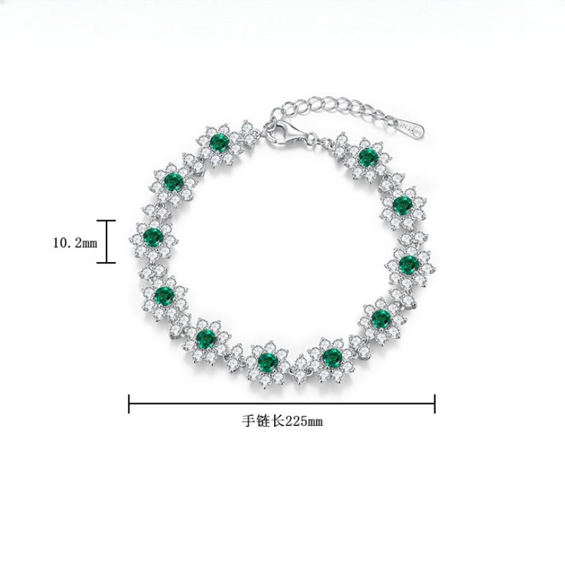 Lab-Grown Emerald Sunflower Bracelet - S925 Sterling Silver Floral Jewelry