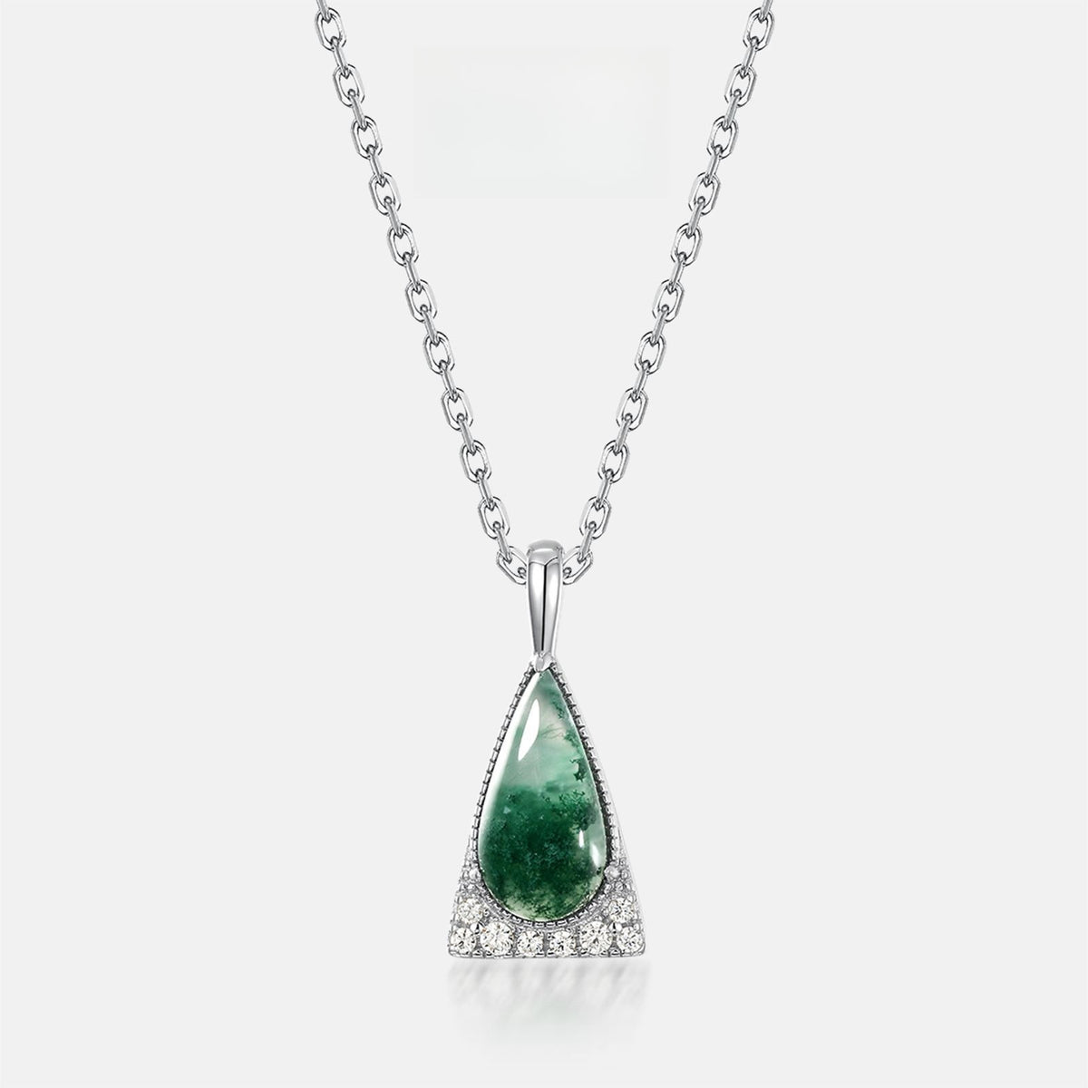 Natural Teardrop Moss Agate Necklace | Geometric Triangle Halo | S925