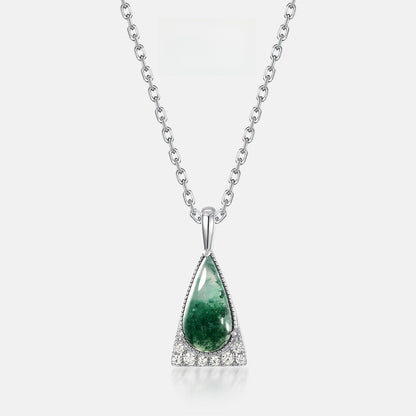 Natural Teardrop Moss Agate Necklace | Geometric Triangle Halo | S925