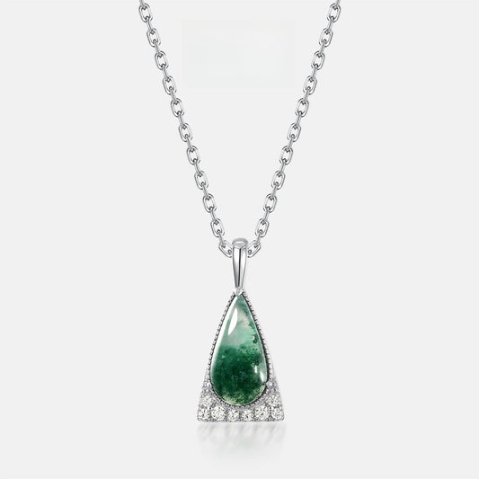 Water Drop Natural Water Agate Pendant S925 Silver Green Moss Stone Clavicle Chain Pendant