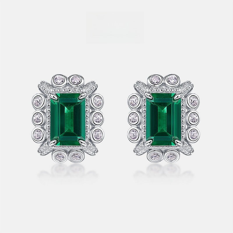 Geometric Lab-Grown Emerald Stud Earrings - S925 Sterling Silver Halo Design