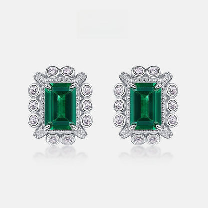 Geometric Lab-Grown Emerald Stud Earrings - S925 Sterling Silver Halo Design