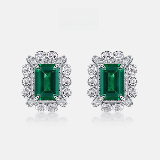 Lab-grown Emerald Stud Earrings, S925 Sterling Silver Setting, Geometric Cultured Gemstone Earrings