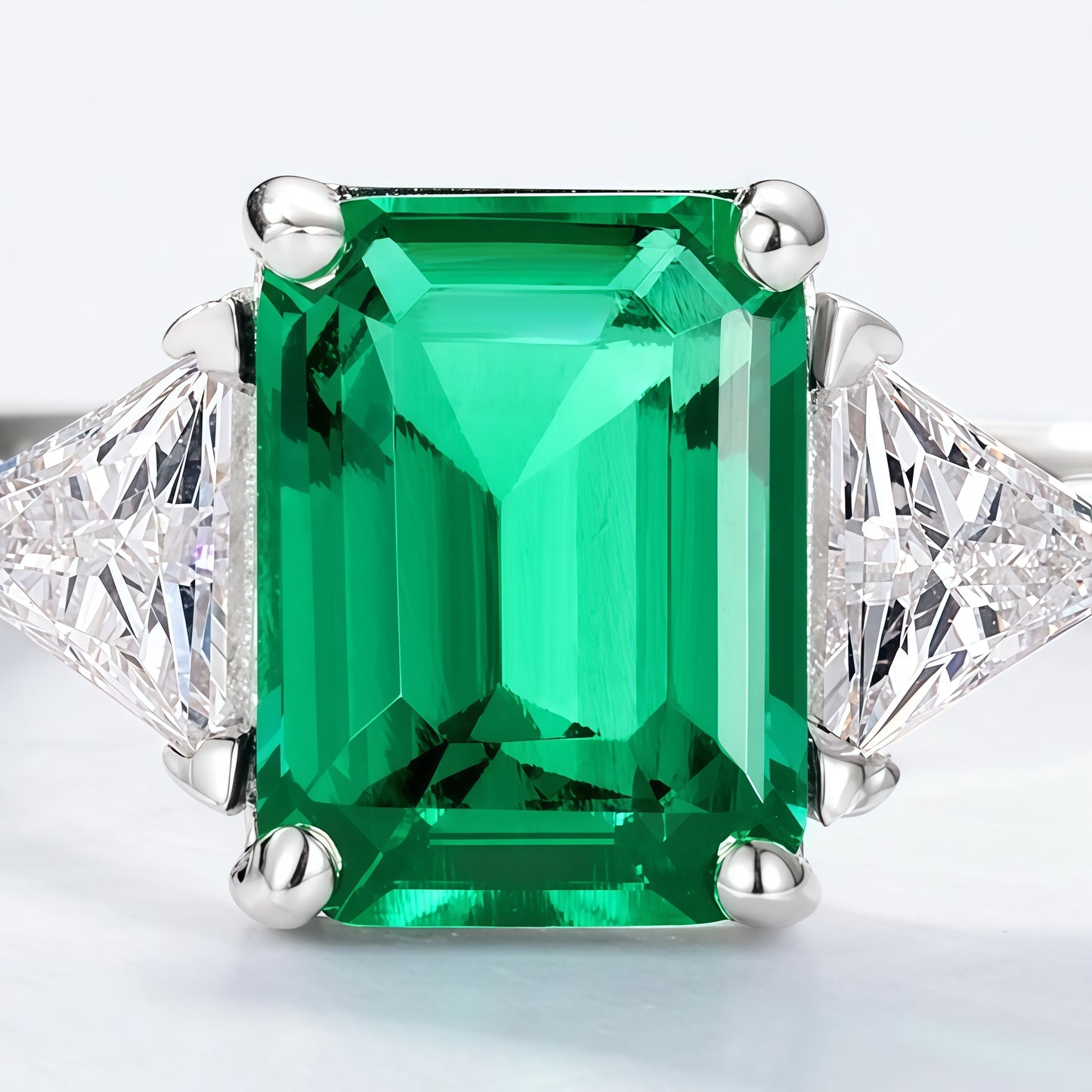 Emerald Cut Lab-Grown Emerald Ring with Trillion Accents - S925 Sterling Silver