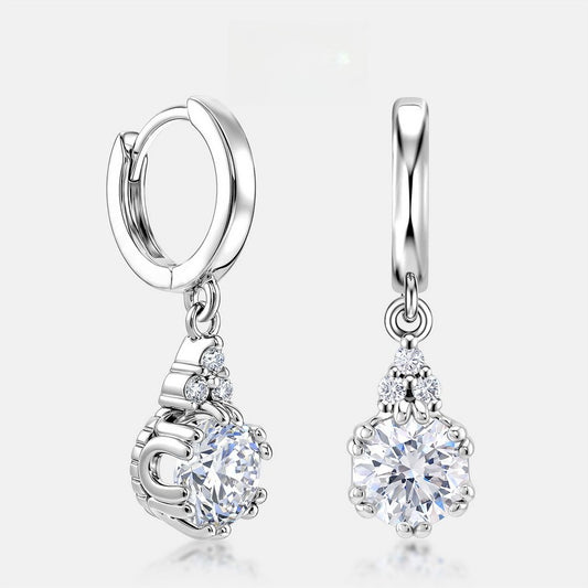 Vintage 1.79CTW HPHT Round Lab Grown Diamond Huggie Dangle Earrings | S925 Sterling Silver Crown Drop Hoop Earrings for Women - Dapaza