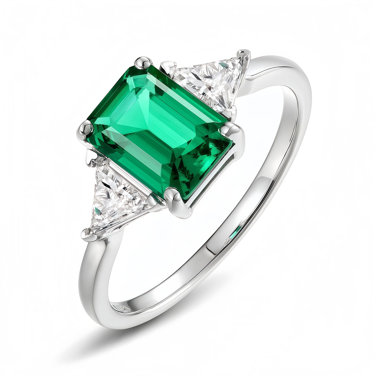 Emerald Cut Lab-Grown Emerald Ring with Trillion Accents - S925 Sterling Silver