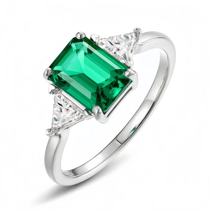 Emerald Cut Lab-Grown Emerald Ring with Trillion Accents - S925 Sterling Silver