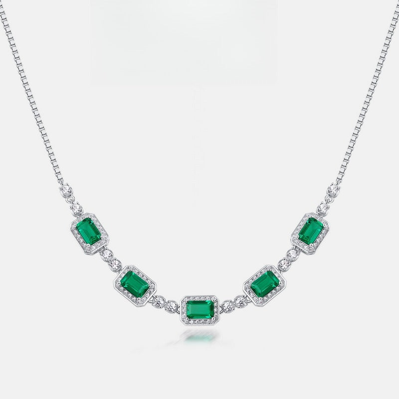 Lab-Grown Emerald Clavicle Necklace - S925 Sterling Silver Halo Pendant