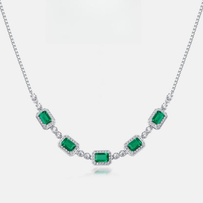 Lab-Grown Emerald Clavicle Necklace - S925 Sterling Silver Halo Pendant