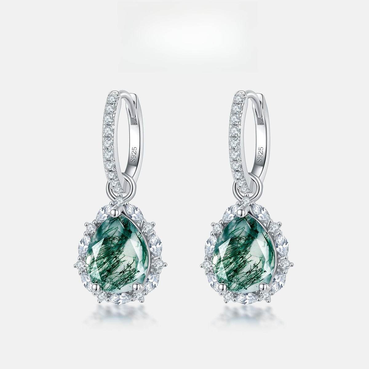 Pear-Cut Natural Moss Agate Halo Drop Earrings - S925 Sterling Silver