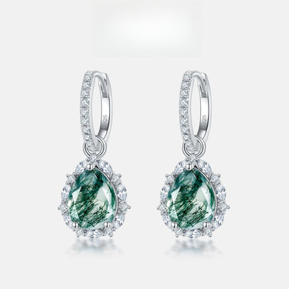 Pear-Cut Natural Moss Agate Halo Drop Earrings - S925 Sterling Silver