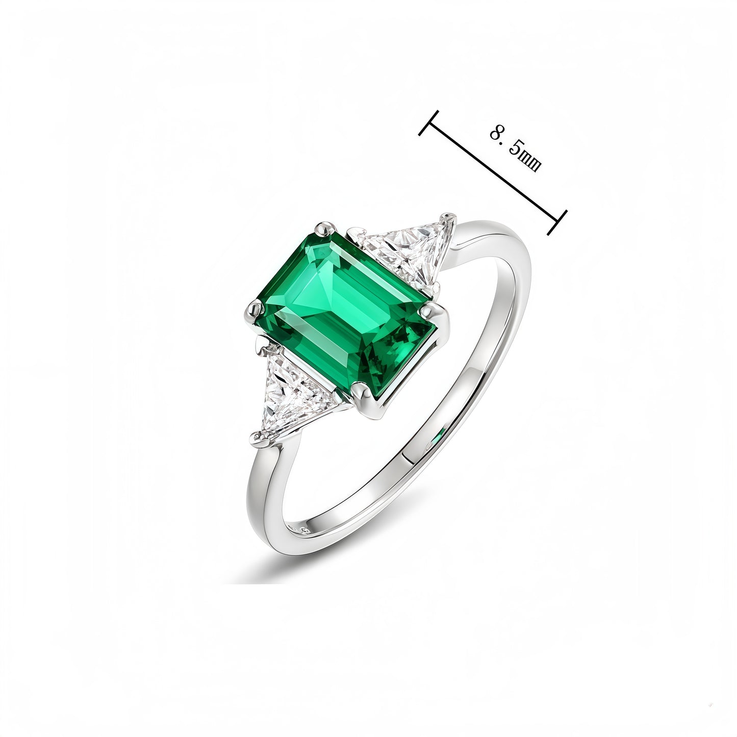 Emerald Cut Lab-Grown Emerald Ring with Trillion Accents - S925 Sterling Silver
