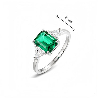 Emerald Cut Lab-Grown Emerald Ring with Trillion Accents - S925 Sterling Silver