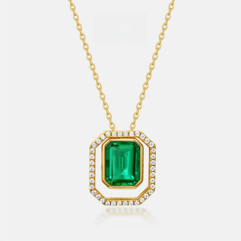 Geometric Lab-Grown Emerald Double Pendant Necklace - 10K Gold Plated S925 Silver