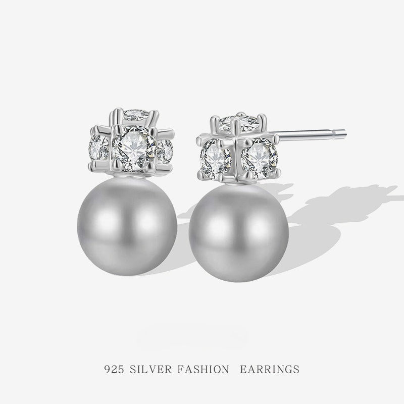 S925 Sterling Silver Ash Gray Shell Pearl Stud Earrings - Unique Design, Subtle Luxury, and Edgy Style for Women