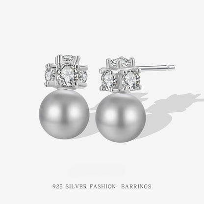 S925 Sterling Silver Ash Gray Shell Pearl Stud Earrings - Unique Design, Subtle Luxury, and Edgy Style for Women
