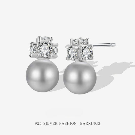 S925 Sterling Silver Ash Gray Shell Pearl Stud Earrings - Unique Design, Subtle Luxury, and Edgy Style for Women