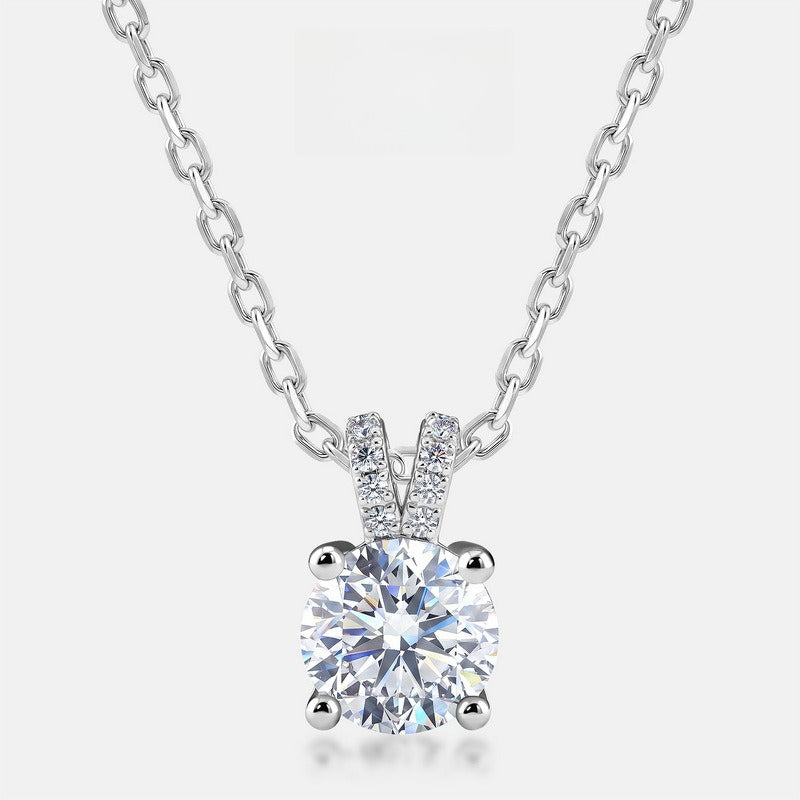 Modern 1.37CT Round Lab Grown Diamond Solitaire Pendant Necklace | S925 Sterling Silver Pave V-Bail Clavicle Chain - Dapaza