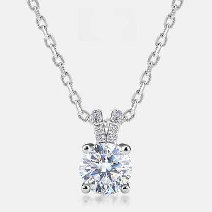 Modern 1.37CT Round Lab Grown Diamond Solitaire Pendant Necklace | S925 Sterling Silver Pave V-Bail Clavicle Chain - Dapaza
