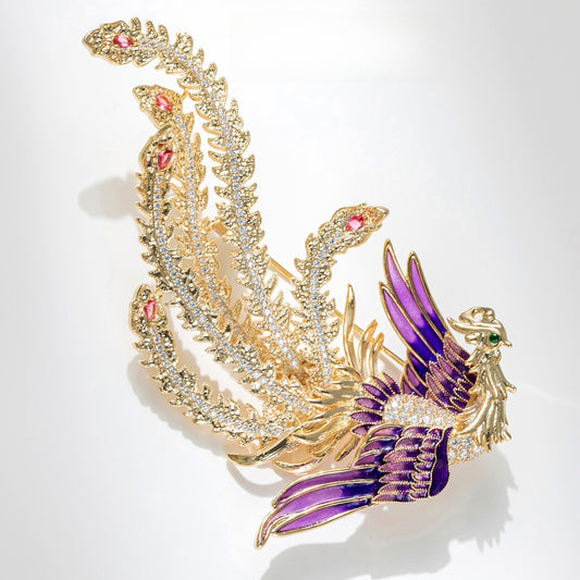 Exquisite Gold Purple Phoenix Diamond Animal Brooch