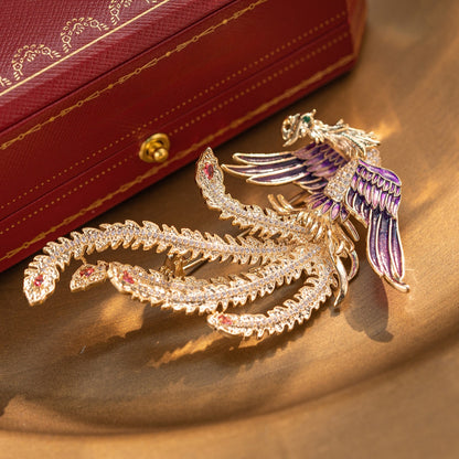 Exquisite Gold Purple Phoenix Diamond Animal Brooch