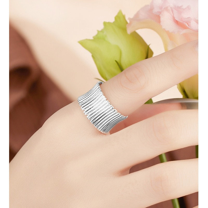Niche Design 925 Sterling Silver Pleated Wide-sided Geometric Striped Opening Adjustable Ring