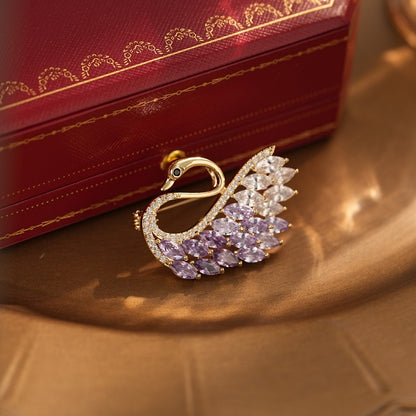 Gold Purple Color Gradual Change Crystal Swan Animal Model Versatile Coat Brooch Women