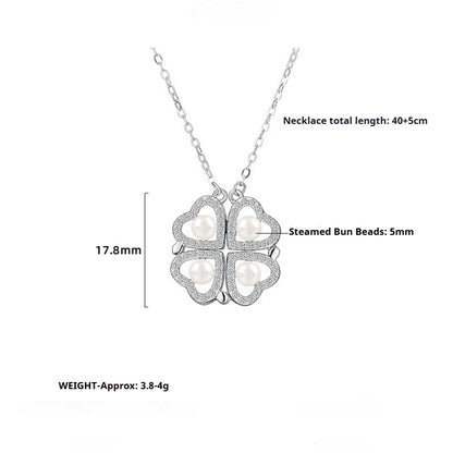 925 Sterling Silver Micro-inlaid Zircon Two Wearing Four-leaf Love Pearl Necklace Women's Niche Design Collarbone Chain