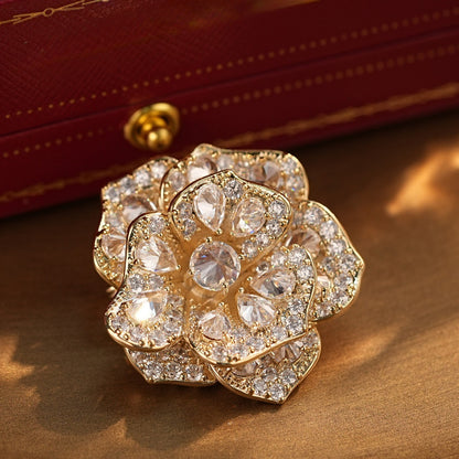 Gold and White Peony Brooch with Diamonds