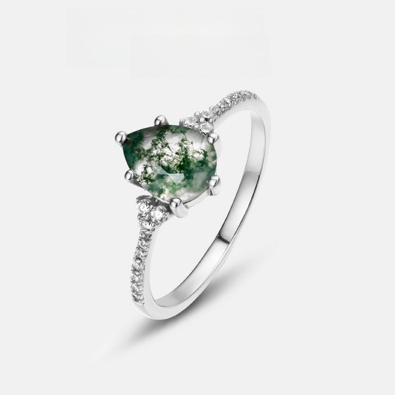 Pear-Cut Natural Moss Agate Ring - 10K Gold & S925 Sterling Silver Band