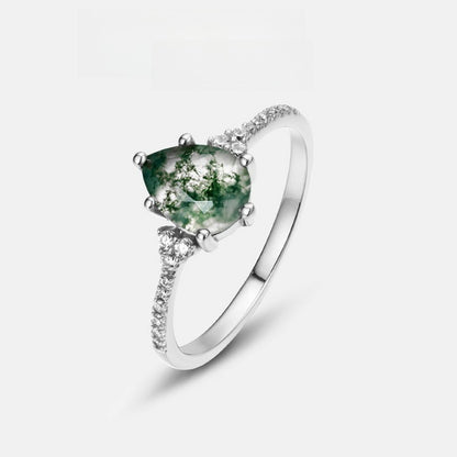 Pear-Cut Natural Moss Agate Ring - 10K Gold & S925 Sterling Silver Band