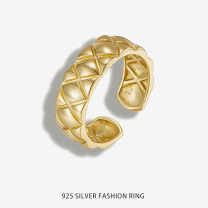 Classic S925 Sterling Silver Diamond Pattern Ring - Heavily Crafted, Exquisite, and Adjustable Open Ring