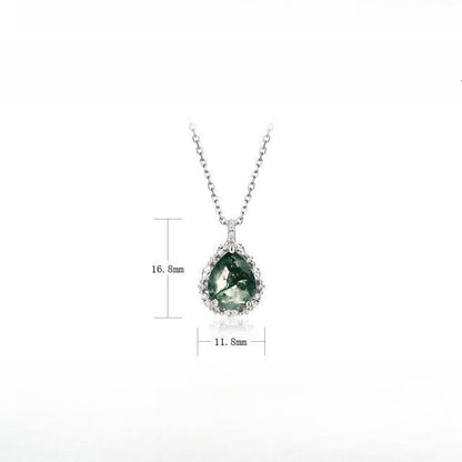 Pear-Cut Natural Moss Agate Halo Pendant Necklace - S925 Sterling Silver