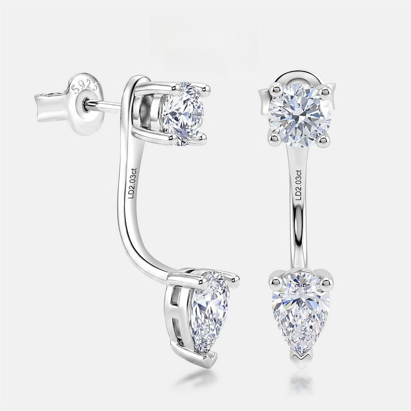 Chic 2.0CTW HPHT Pear & Round Lab Grown Diamond Ear Jacket Earrings | S925 Sterling Silver Floating Drop Studs - Dapaza