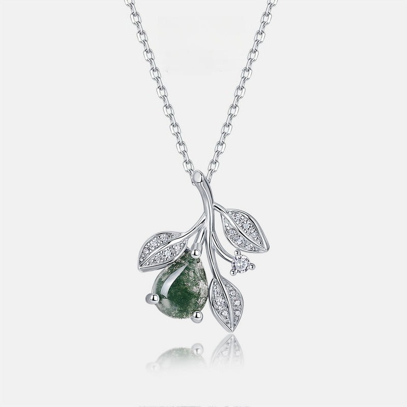 Natural Pear-Cut Moss Agate Teardrop Necklace - S925 Sterling Silver
