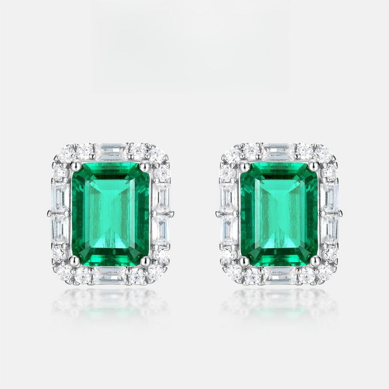 Lab-Grown Emerald Baguette Halo Stud Earrings - S925 Sterling Silver