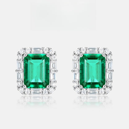 Lab-Grown Emerald Baguette Halo Stud Earrings - S925 Sterling Silver