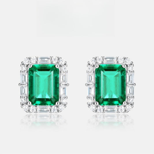 Hot-selling Geometric Light Luxury Cultured Emerald Stud Earrings for Women, S925 Silver Setting with Lab-grown Gemstone Accents