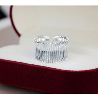 Niche Design 925 Sterling Silver Pleated Wide-sided Geometric Striped Opening Adjustable Ring