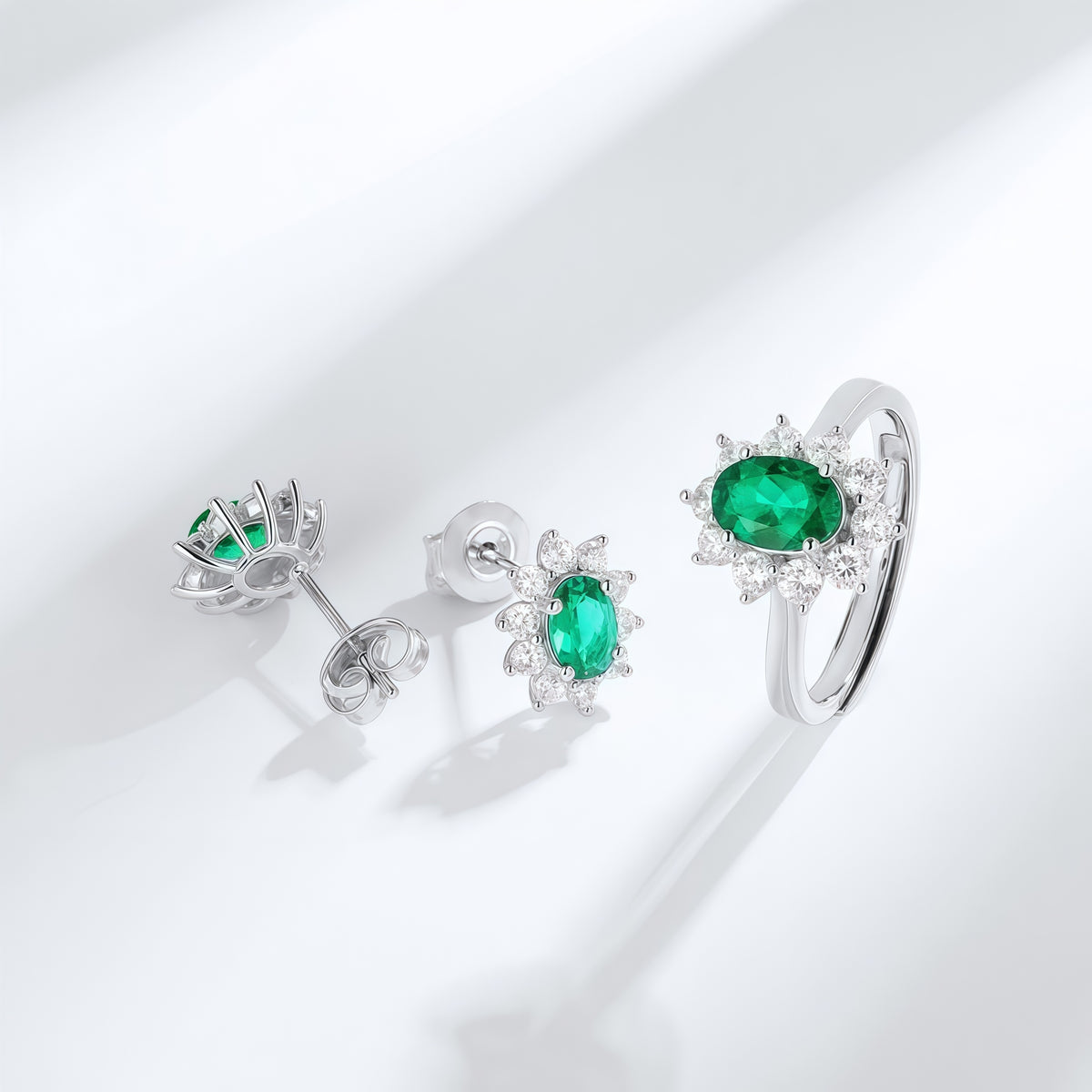 Premium Art Deco Geometry: Lab-Grown Emerald & Ruby Earring & Ring Set | 925 Silver