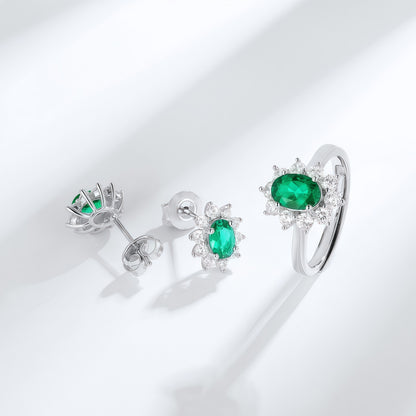 Premium Art Deco Geometry: Lab-Grown Emerald & Ruby Earring & Ring Set | 925 Silver